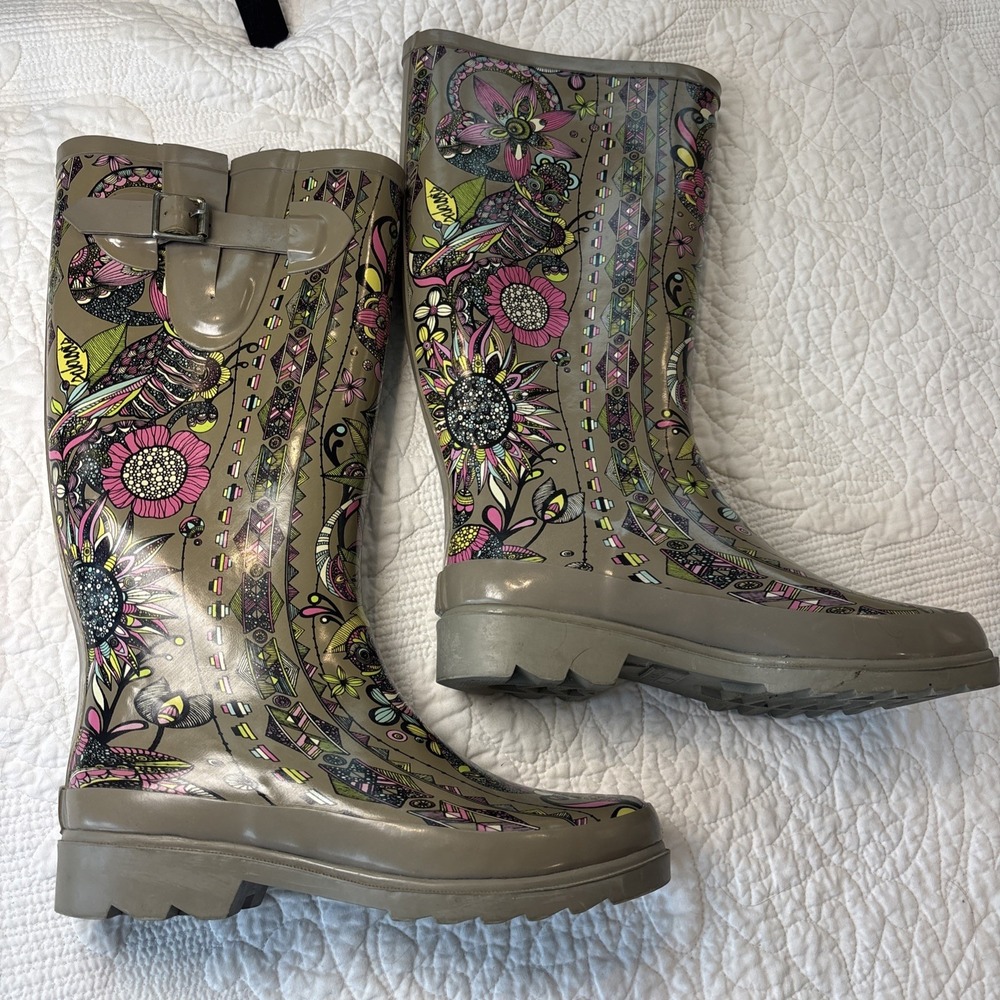 Sakroots Multicolor Owl Floral Mandala Lined Rubber Rain Boots Wellies Boho Sz 6
